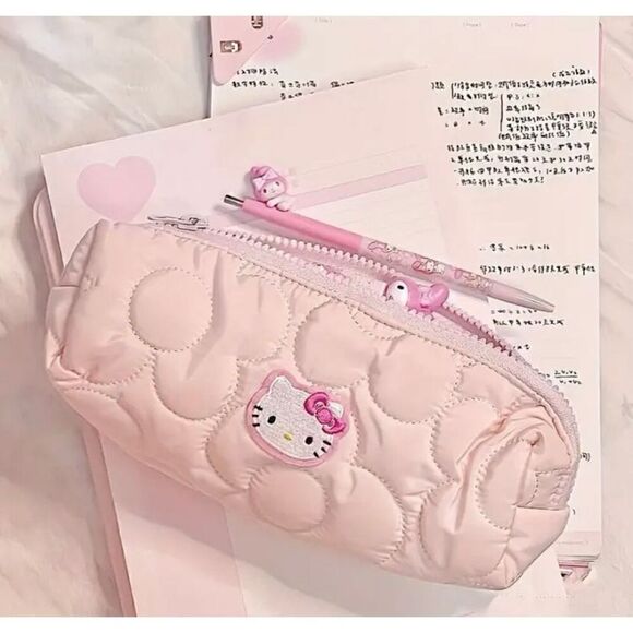 NWT Hello Kitty Pink Embroidered Versatile Pencil Cosmetic Pouch Bag - Picture 1 of 7